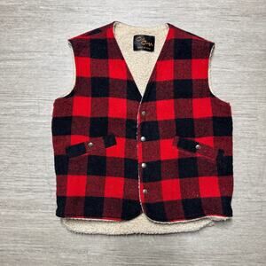 Vintage Cal Craft Wool Vest Sherpa Lined Mens M Red Plaid Snap Button Pockets